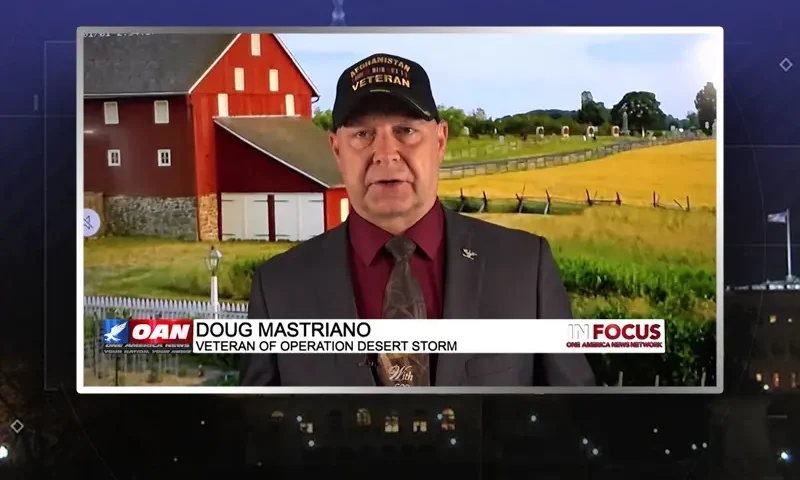 Video still from In Focus on One America News Network during an interview with the guest, Doug Mastriano.