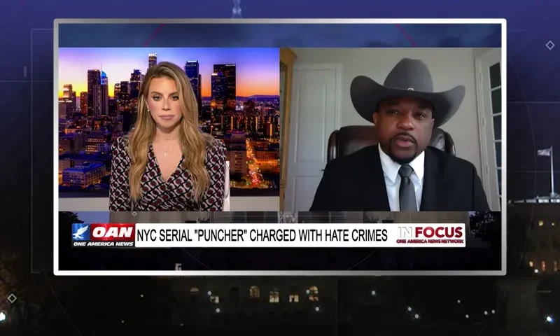 Video still from In Focus on One America News Network showing a split screen of the host on the left side, and on the right side is the guest, Tre Pennie.