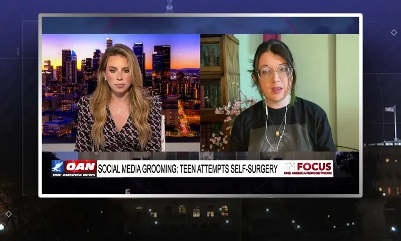 Video still from In Focus on One America News Network showing a split screen of the host on the left side, and on the right side is the guest, Judith Rose.