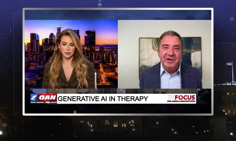 Video still from In Focus on One America News Network showing a split screen of the host on the left side, and on the right side is the guest, Dr. Henry Cloud.