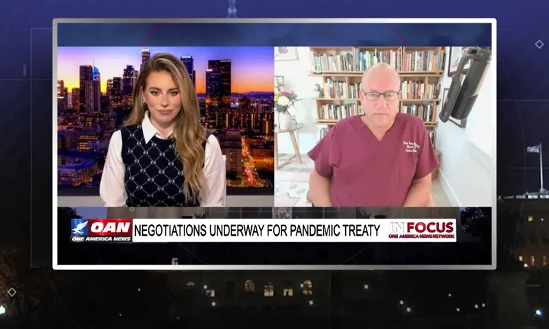 Video still from In Focus on One America News Network showing a split screen of the host on the left side, and on the right side is the guest, Dr. Pierre Kory.