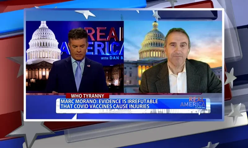 Video still from Real America on One America News Network showing a split screen of the host on the left side, and on the right side is the guest, Marc Morano.