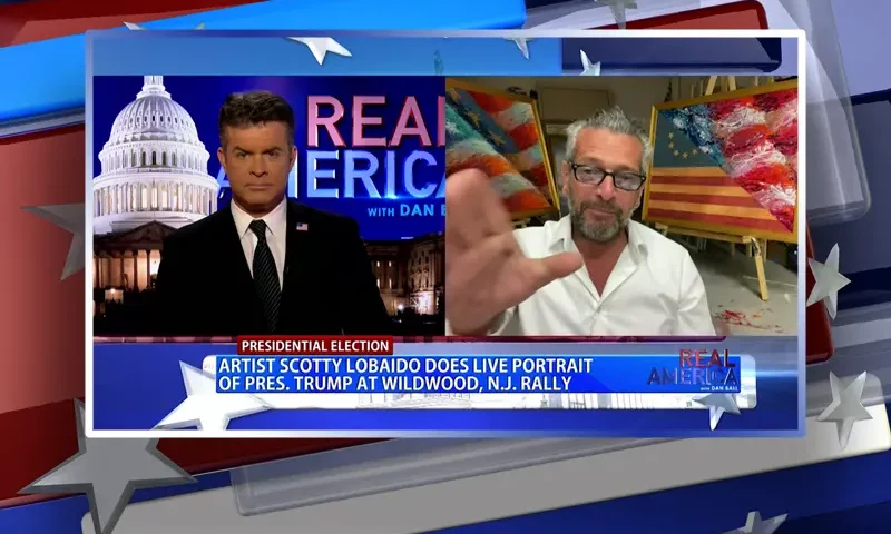 Video still from Real America on One America News Network showing a split screen of the host on the left side, and on the right side is the guest, Scott LoBaido.