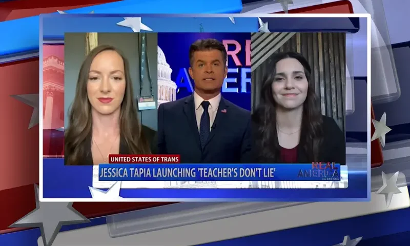 Video still from Real America on One America News Network during an interview with the guests, Jessica Tapia and Julianne Fleischer.