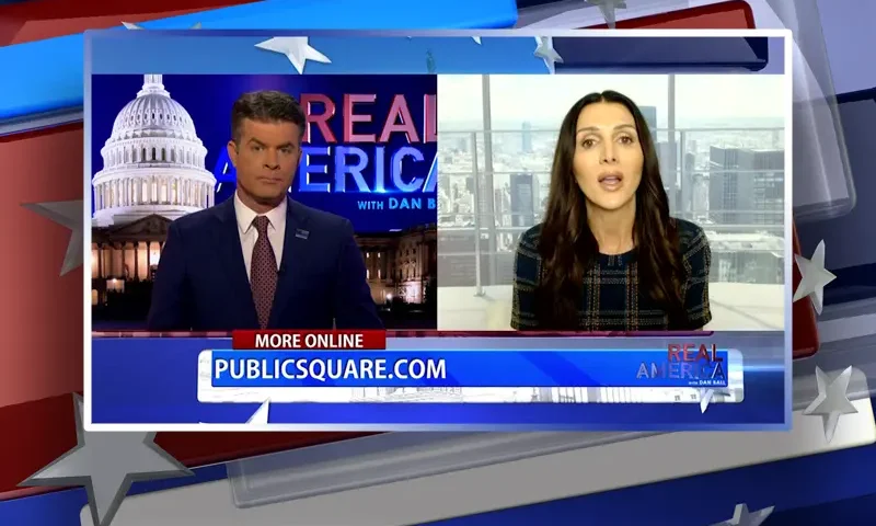 Video still from Real America on One America News Network showing a split screen of the host on the left side, and on the right side is the guest, Erin Elmore.