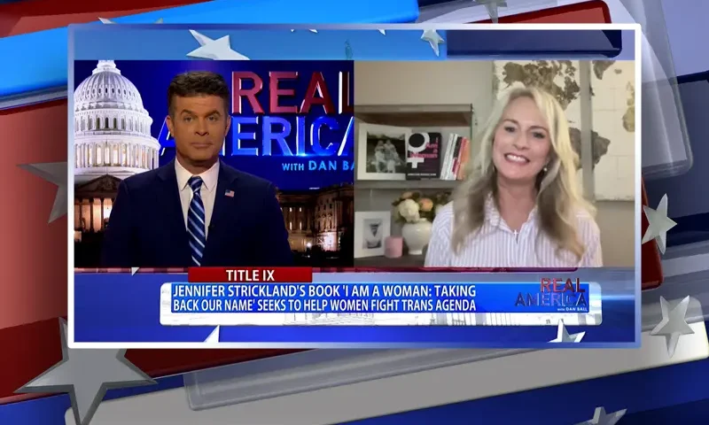 Video still from Real America on One America News Network showing a split screen of the host on the left side, and on the right side is the guest, Jennifer Strickland.