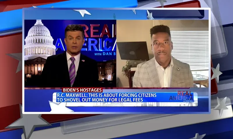 Video still from Real America on One America News Network showing a split screen of the host on the left side, and on the right side is the guest, R.C. Maxwell.