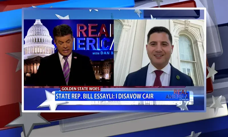 Video still from Real America on One America News Network showing a split screen of the host on the left side, and on the right side is the guest, Bill Essayli.