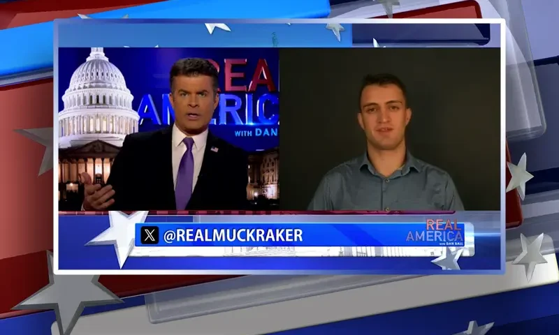 Video still from Real America on One America News Network showing a split screen of the host on the left side, and on the right side is the guest, Anthony Rubin.
