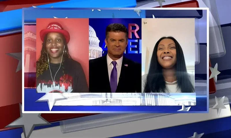 Video still from Real America on One America News Network during an interview with the guests, P Rae Easley and Lattina Brown,.