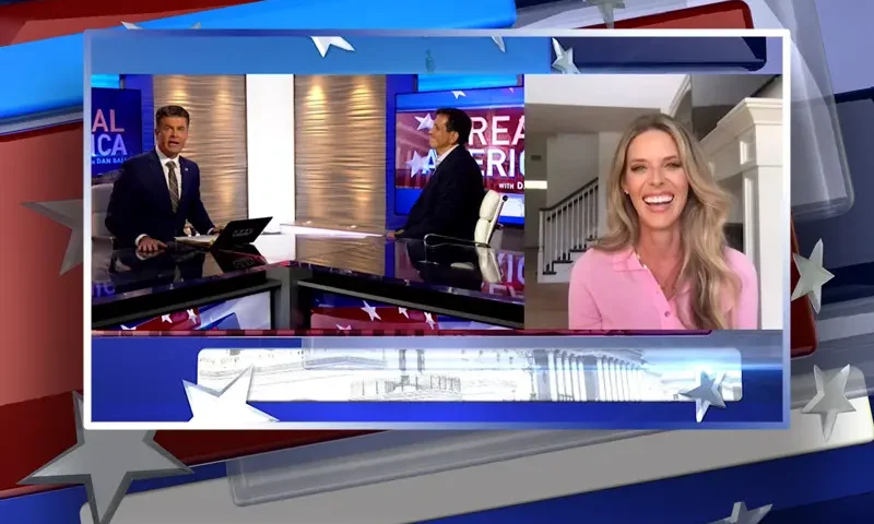 Video still from Real America on One America News Network during an interview with the guests, Carrie Prejean Boller and Carlos Encinas.