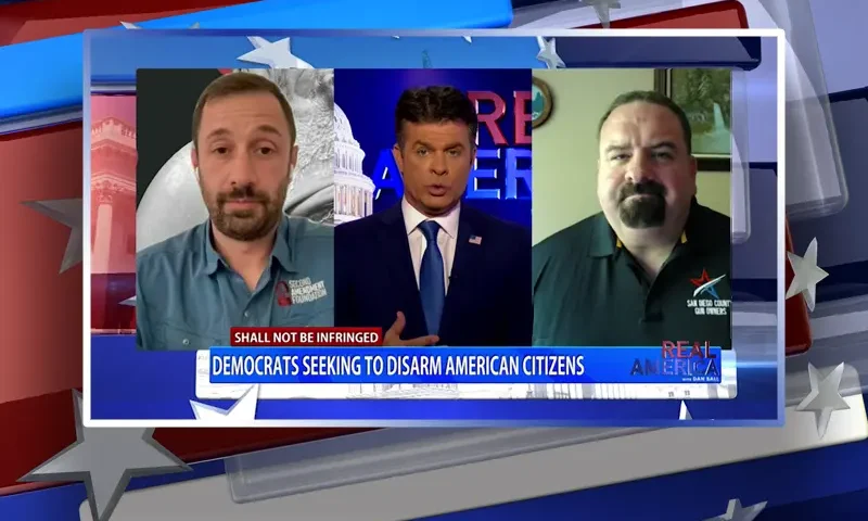 Video still from Real America on One America News Network during an interview with the guest, Michael Schwartz.