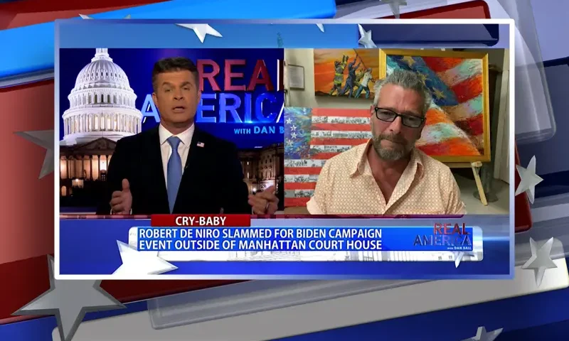 Video still from Real America on One America News Network showing a split screen of the host on the left side, and on the right side is the guest, Scott LoBaido.