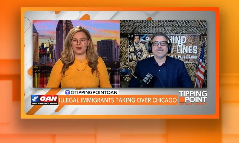 Video still from Tipping Point on One America News Network showing a split screen of the host on the left side, and on the right side is the guest, Terry Newsome.