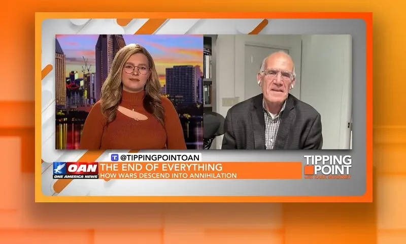 Video still from Tipping Point on One America News Network showing a split screen of the host on the left side, and on the right side is the guest, Victor Davis Hanson.