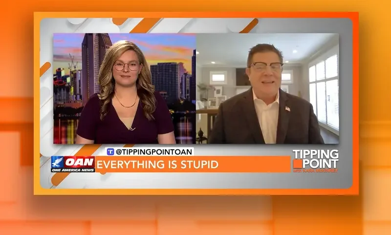 Video still from Tipping Point on One America News Network showing a split screen of the host on the left side, and on the right side is the guest, Jim Nelles.