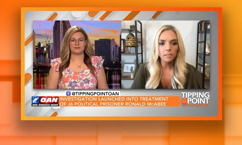Video still from Tipping Point on One America News Network showing a split screen of the host on the left side, and on the right side is the guest, Sarah McAbee.