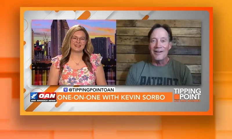 Video still from Tipping Point on One America News Network showing a split screen of the host on the left side, and on the right side is the guest, Kevin Sorbo.