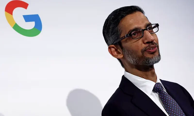 Sundar Pichai, CEO of Google and Alphabet, delivers a speech during the inauguration of a new hub in France dedicated to the artificial intelligence (AI) sector, at the Google France headquarters in Paris, France, February 15, 2024. REUTERS/Gonzalo Fuentes/File Photo