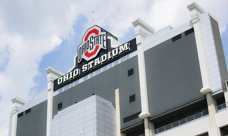 Clouds pass above The Ohio State University’s football stadium, May 18, 2019, in Columbus, Ohio. A woman who fell from the stands to her death during a graduation ceremony at Ohio State University last weekend has been identified as a Georgia resident, authorities announced Tuesday, May 7, 2024. (AP Photo/John Minchillo, file)