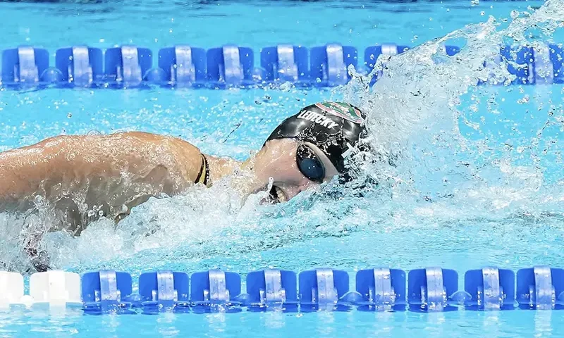 Katie Ledecky competes in the women's 400 meter freestyle swim on Saturday, June 15, 2024, during prelims for the Olympic Swimming Trials at Lucas Oil Stadium in Indianapolis. Mandatory Credit: Grace Hollars-USA Today Network/File Photo