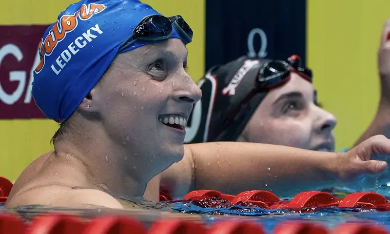 Katie Ledecky smiles Friday, June 21, 2024, after her heat win in the U.S. Olympic Team Swimming Trials women’s 800 meter freestyle prelims at Lucas Oil Stadium in Indianapolis. Mandatory Credit: Mykal McEldowney-USA TODAY Sports