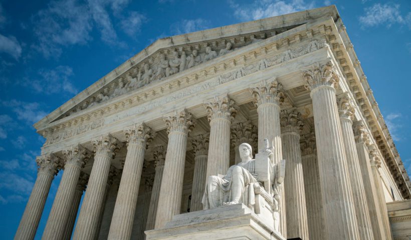 WASHINGTON, DC - SEPTEMBER 28: The Guardian or Authority of Law, created by sculptor James Earle Fraser, rests on the side of the U.S. Supreme Court on September 28, 2020 in Washington, DC. This week Seventh U.S. Circuit Court Judge Amy Coney Barrett, U.S. President Donald Trump's nominee to the Supreme Court, will begin meeting with Senators as she seeks to be confirmed before the presidential election. (Photo by Al Drago/Getty Images)