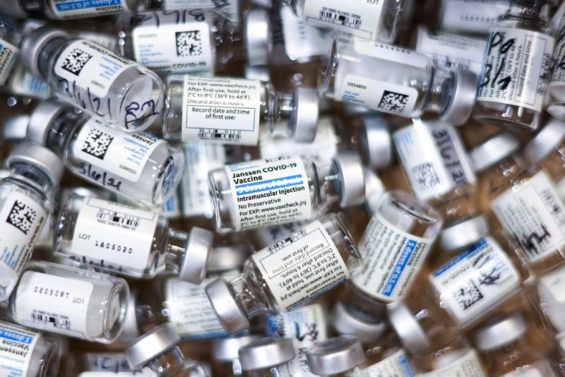THORNTON, CO - MARCH 06: Used vials of the Johnson & Johnson COVID-19 vaccine, the newest vaccine approved by the U.S. FDA for emergency use, sit in a box at an event put on by the Thornton Fire Department on March 6, 2021 in Thornton, Colorado. Colorado entered COVID-19 vaccination Phase 1B.3 on Friday, allowing essential grocery and agriculture workers, people over the age of 60 and people with two or more high-risk conditions to receive a vaccine. (Photo by Michael Ciaglo/Getty Images)