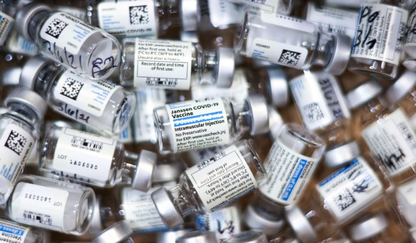 THORNTON, CO - MARCH 06: Used vials of the Johnson & Johnson COVID-19 vaccine, the newest vaccine approved by the U.S. FDA for emergency use, sit in a box at an event put on by the Thornton Fire Department on March 6, 2021 in Thornton, Colorado. Colorado entered COVID-19 vaccination Phase 1B.3 on Friday, allowing essential grocery and agriculture workers, people over the age of 60 and people with two or more high-risk conditions to receive a vaccine. (Photo by Michael Ciaglo/Getty Images)