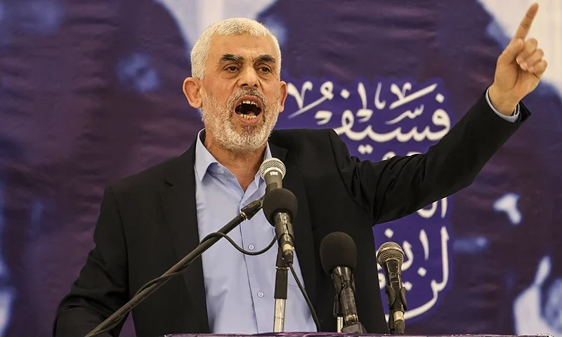 Head of the political wing of the Palestinian Hamas movement in the Gaza Strip Yahya Sinwar speaks during a meeting in Gaza City on April 30, 2022. (Photo by Mahmud HAMS / AFP) (Photo by MAHMUD HAMS/AFP via Getty Images)