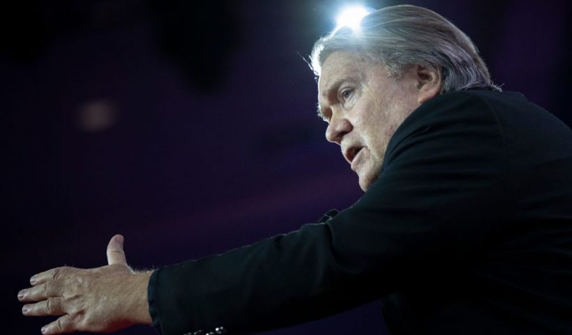 TOPSHOT - Former White House chief strategist, Steve Bannon, speaks during the 2023 Conservative Political Action Coalition (CPAC) Conference in National Harbor, Maryland, on March 3, 2023. (Photo by Brendan Smialowski / AFP) (Photo by BRENDAN SMIALOWSKI/AFP via Getty Images)