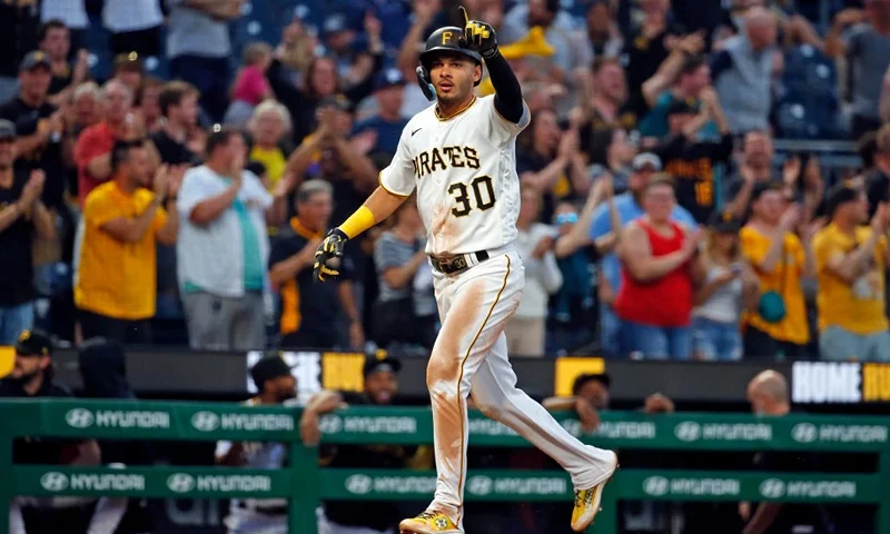 PITTSBURGH, PA - MAY 22: Tucupita Marcano #30 of the Pittsburgh Pirates celebrates after hitting a grand slam home run in the seventh inning against the Texas Rangers during inter-league play at PNC Park on May 22, 2023 in Pittsburgh, Pennsylvania. (Photo by Justin K. Aller/Getty Images)