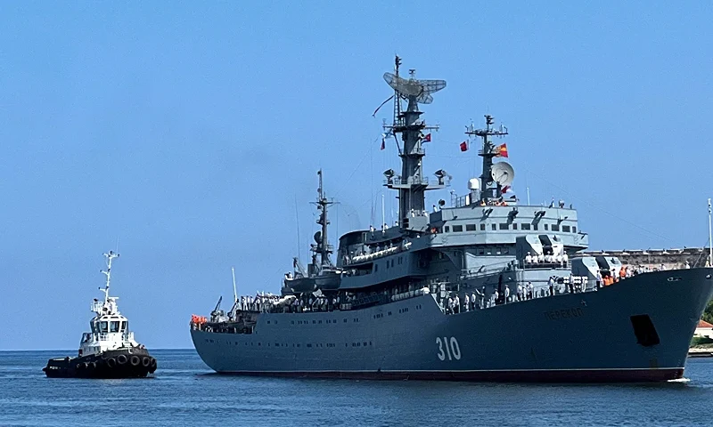 The Russian military training ship Perekop arrives in Havana Harbor on July 11, 2023. The Cuban government on Tuesday said it "strongly rejects" the presence of a US nuclear-powered submarine last week at the American naval base in Guantanamo Bay on the island's east coast. (Photo by ADALBERTO ROQUE / AFP) (Photo by ADALBERTO ROQUE/AFP via Getty Images)