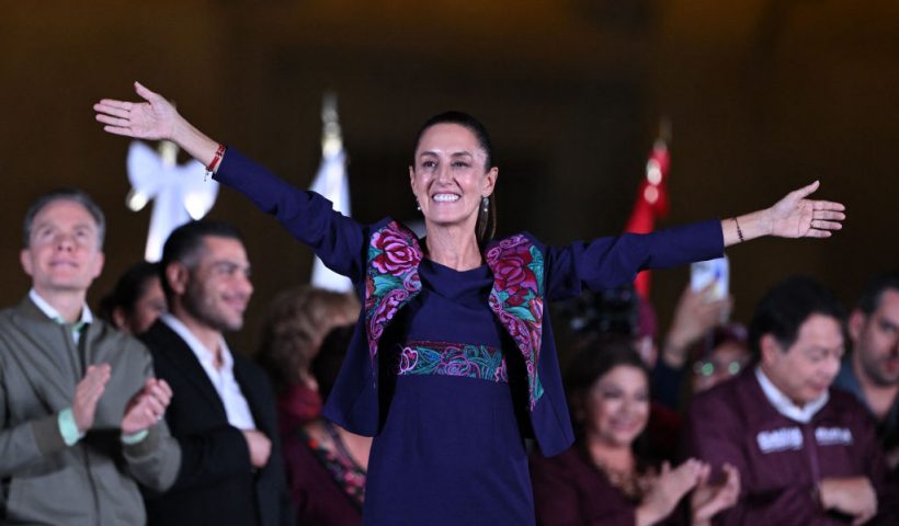 Mexico's presidential candidate for Morena party Claudia Sheinbaum celebrates following the results of the general election at Zocalo Square in Mexico City, on June 3, 2024. Claudia Sheinbaum was set to be elected Mexico's first woman president, exit polls showed, a milestone in a country with a history of gender-based violence. (Photo by CARL DE SOUZA / AFP) (Photo by CARL DE SOUZA/AFP via Getty Images)
