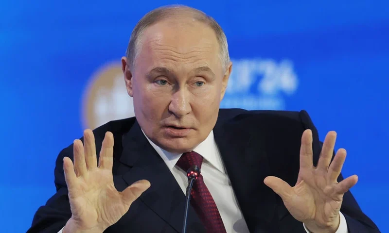 Russia's President Vladimir Putin attends the Saint Petersburg International Economic Forum (SPIEF) in Saint Petersburg on June 7, 2024. (Photo by Anton Vaganov / POOL / AFP) (Photo by ANTON VAGANOV/POOL/AFP via Getty Images)