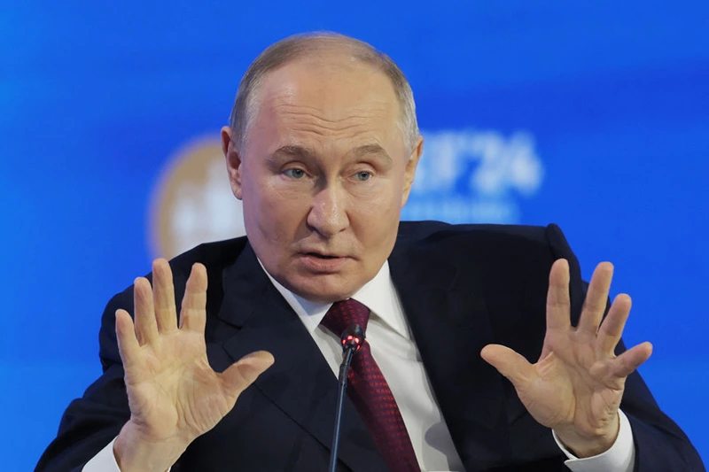 Russia's President Vladimir Putin attends the Saint Petersburg International Economic Forum (SPIEF) in Saint Petersburg on June 7, 2024. (Photo by Anton Vaganov / POOL / AFP) (Photo by ANTON VAGANOV/POOL/AFP via Getty Images)