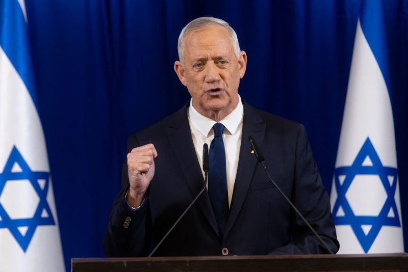 TEL AVIV, ISRAEL - JUNE 9: Benny Gantz, a member of the country's wartime cabinet, announces his resignation during a press conference on June 9, 2024 in Tel Aviv, Israel. Gantz had been pressuring the prime minister for a plan on post-war governance in Gaza, as well as progress on a deal to secure the release of Israeli hostages held in Gaza. Gantz had originally scheduled this press conference for last night but postponed it following the rescue of four Israeli hostages from Gaza. (Photo by Amir Levy/Getty Images)