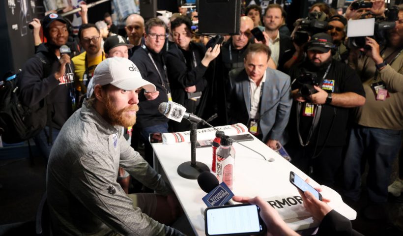 SUNRISE, FLORIDA - JUNE 07: Connor McDavid #97 of the Edmonton Oilers speaks to the media during Media Day prior to the 2024 Stanley Cup Final at Amerant Bank Arena on June 07, 2024 in Sunrise, Florida. (Photo by Bruce Bennett/Getty Images)