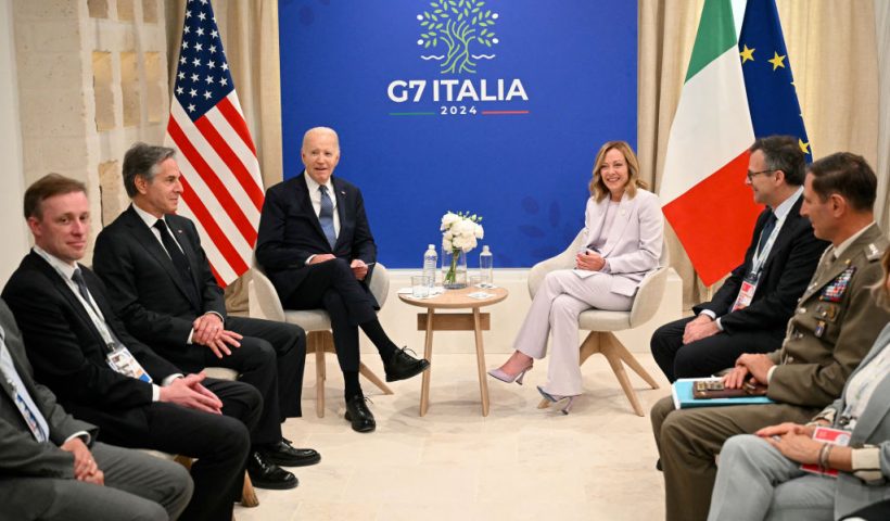 US President Joe Biden and Italy's Prime Minister Giorgia Meloni take part in a bilateral meeting on the sidelines of the G7 Summit at the Borgo Egnazia resort in Savelletri, Italy on June 14, 2024. (Photo by Mandel NGAN / AFP) (Photo by MANDEL NGAN/AFP via Getty Images)