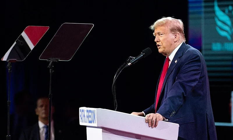 Ex-President and convicted felon Donald Trump speaks at the annual Road to Majority conference in Washington, DC, June 22, 2024. The conference host, Faith and Freedom Coalition, advocates for incorporation of Christianity in American government. (Photo by Allison Bailey / Middle East Images / Middle East Images via AFP) (Photo by ALLISON BAILEY/Middle East Images/AFP via Getty Images)