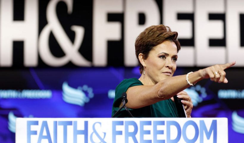 WASHINGTON, DC - JUNE 21: Arizona Republican Senate Candidate Kari Lake speaks at the Faith and Freedom Road to Majority conference at the Washington Hilton on June 21, 2024 in Washington, DC. The conservative Christian group is hosting a series of congressional members and political candidates to speak on the upcoming 2024 elections. Republican presidential candidate, former U.S. President Donald Trump will deliver the keynote address later this weekend. (Photo by Anna Moneymaker/Getty Images)