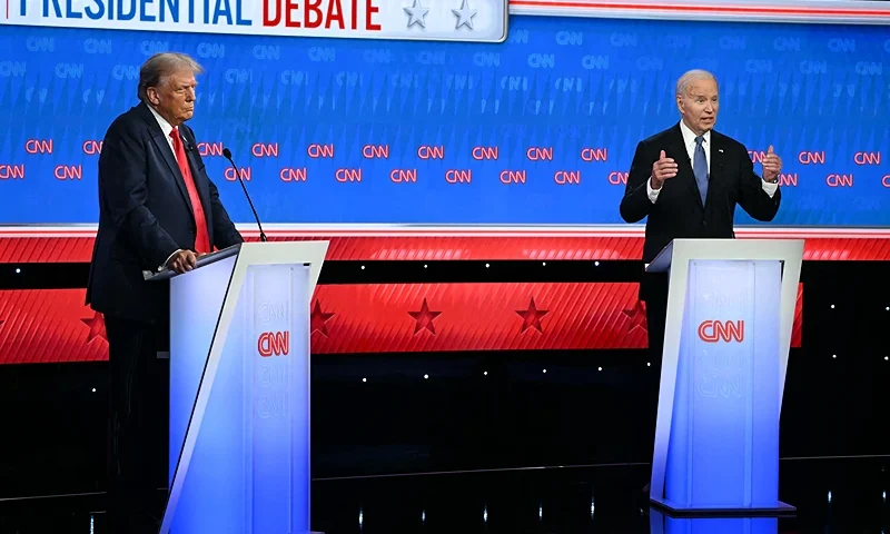 US President Joe Biden and former US President and Republican presidential candidate Donald Trump participate in the first presidential debate of the 2024 elections at CNN's studios in Atlanta, Georgia, on June 27, 2024. (Photo by ANDREW CABALLERO-REYNOLDS / AFP) (Photo by ANDREW CABALLERO-REYNOLDS/AFP via Getty Images)
