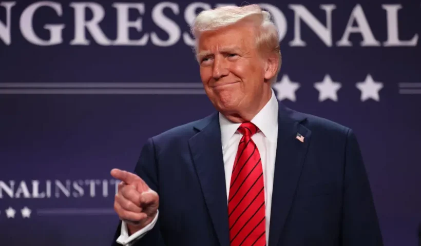 DORAL, FLORIDA - JANUARY 27: U.S. President Donald Trump acknowledges the crowd before addressing the 2025 Republican Issues Conference at the Trump National Doral Miami on January 27, 2025 in Doral, Florida. The three-day planning session was expected to lay out Trump's ambitious legislative agenda. (Photo by Joe Raedle/Getty Images)
