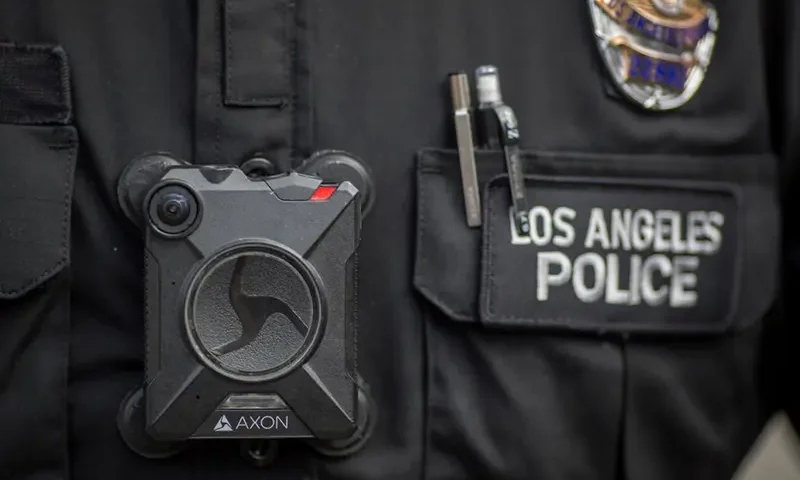 A Los Angeles police officer wear an AXON body camera. (Photo by David McNew/Getty Images)