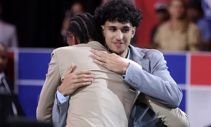 Zaccharie Risacher reacts after being selected first overall by the Atlanta Hawks in the first round of the 2024 NBA Draft at Barclays Center. Mandatory Credit: Brad Penner-USA TODAY Sports