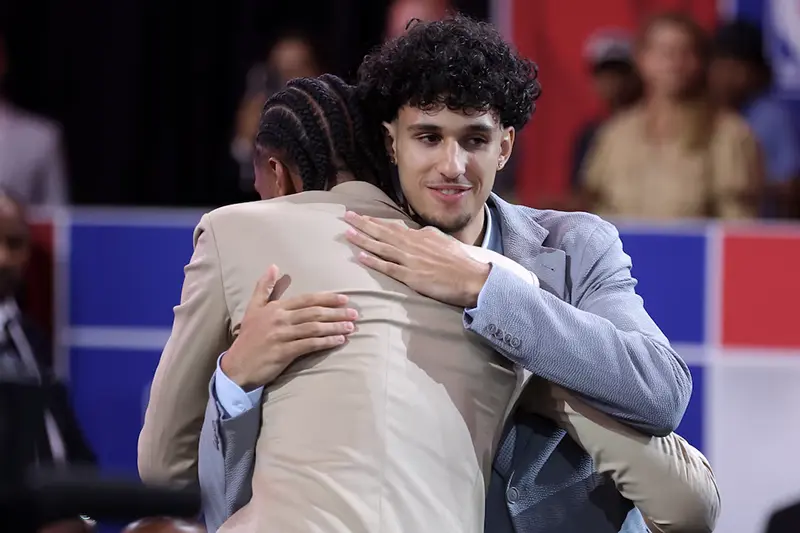 Zaccharie Risacher reacts after being selected first overall by the Atlanta Hawks in the first round of the 2024 NBA Draft at Barclays Center. Mandatory Credit: Brad Penner-USA TODAY Sports