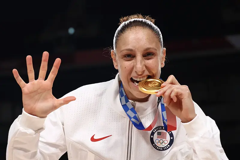 Diana Taurasi of the United States poses with her gold medal during the medal ceremony REUTERS/Brian Snyder/File Photo