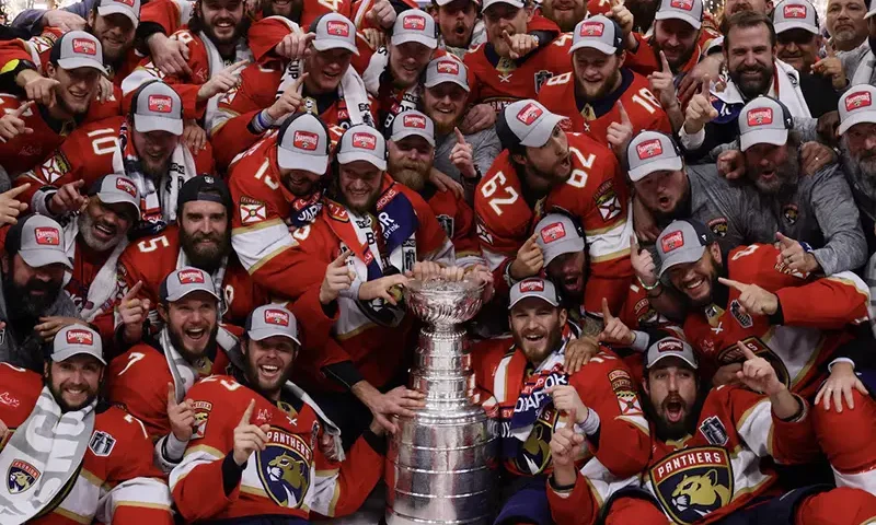 The Florida Panthers celebrate wininng the Stanley Cup against the Edmonton Oilers in game seven of the 2024 Stanley Cup Final at Amerant Bank Arena. Mandatory Credit: Jim Rassol-USA TODAY Sports