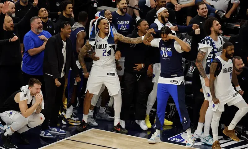 Dallas Mavericks bench reacts after winning the Western Conference Championship against the Minnesota Timberwolves in game five of the western conference finals for the 2024 NBA playoffs at Target Center. Mandatory Credit: Bruce Kluckhohn-USA TODAY Sports/File Photo