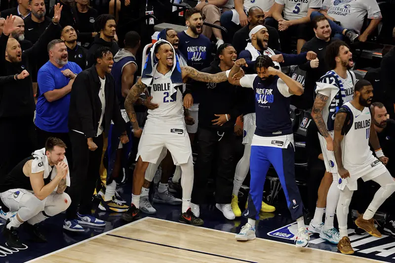 Dallas Mavericks bench reacts after winning the Western Conference Championship against the Minnesota Timberwolves in game five of the western conference finals for the 2024 NBA playoffs at Target Center. Mandatory Credit: Bruce Kluckhohn-USA TODAY Sports/File Photo
